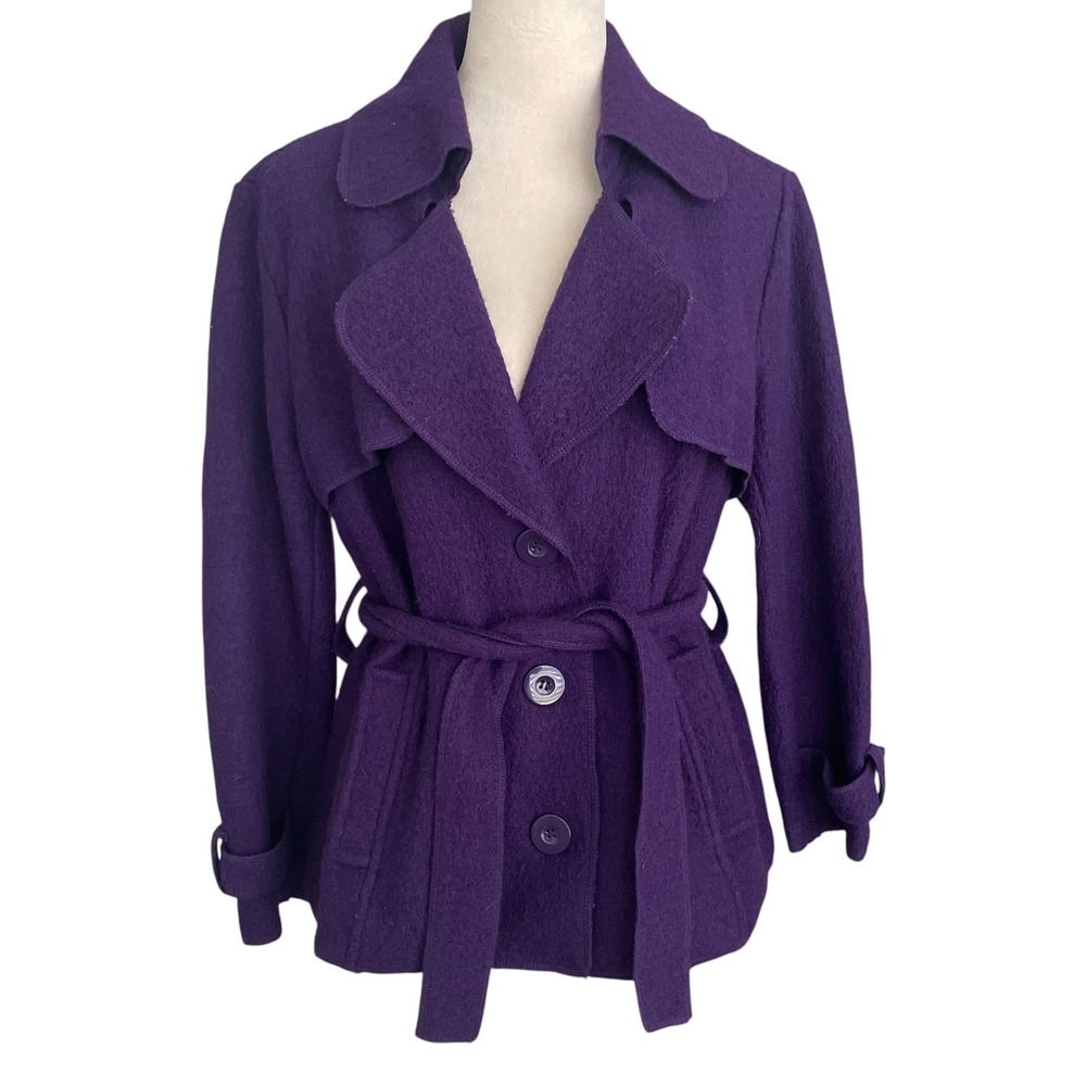 Sandro Wool Purple Peacoat Womens Petite L Belted Gauzy Single Breasted Cozy